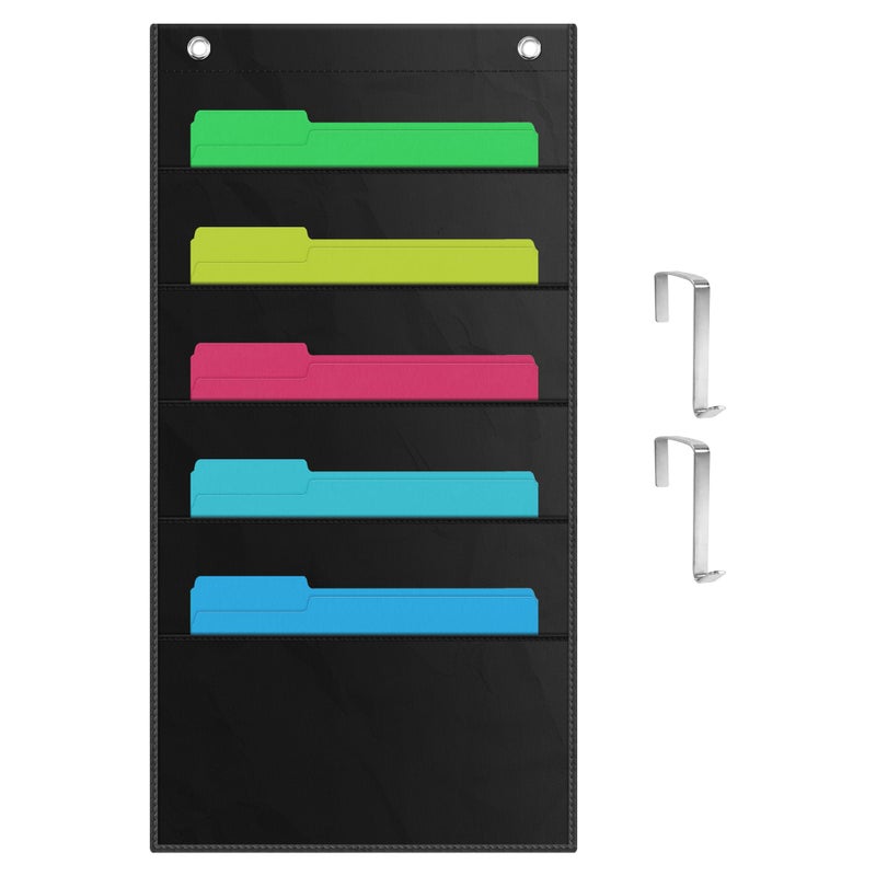 ZKOO 5 Pockets Hanging Wall File Organizer for A4 Size Paper/Legal/Letter Size Document, Sturdy Wall Mail Organizer Black Pocket Chart Great for Classroom, Office, Home Use with 2 Hangers - Image 1